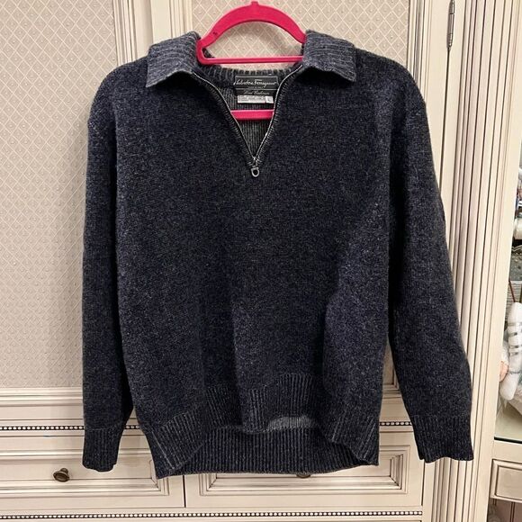 Salvatore Ferragamo blue gray wool cashmere half zip sweater - Picture 1 of 5